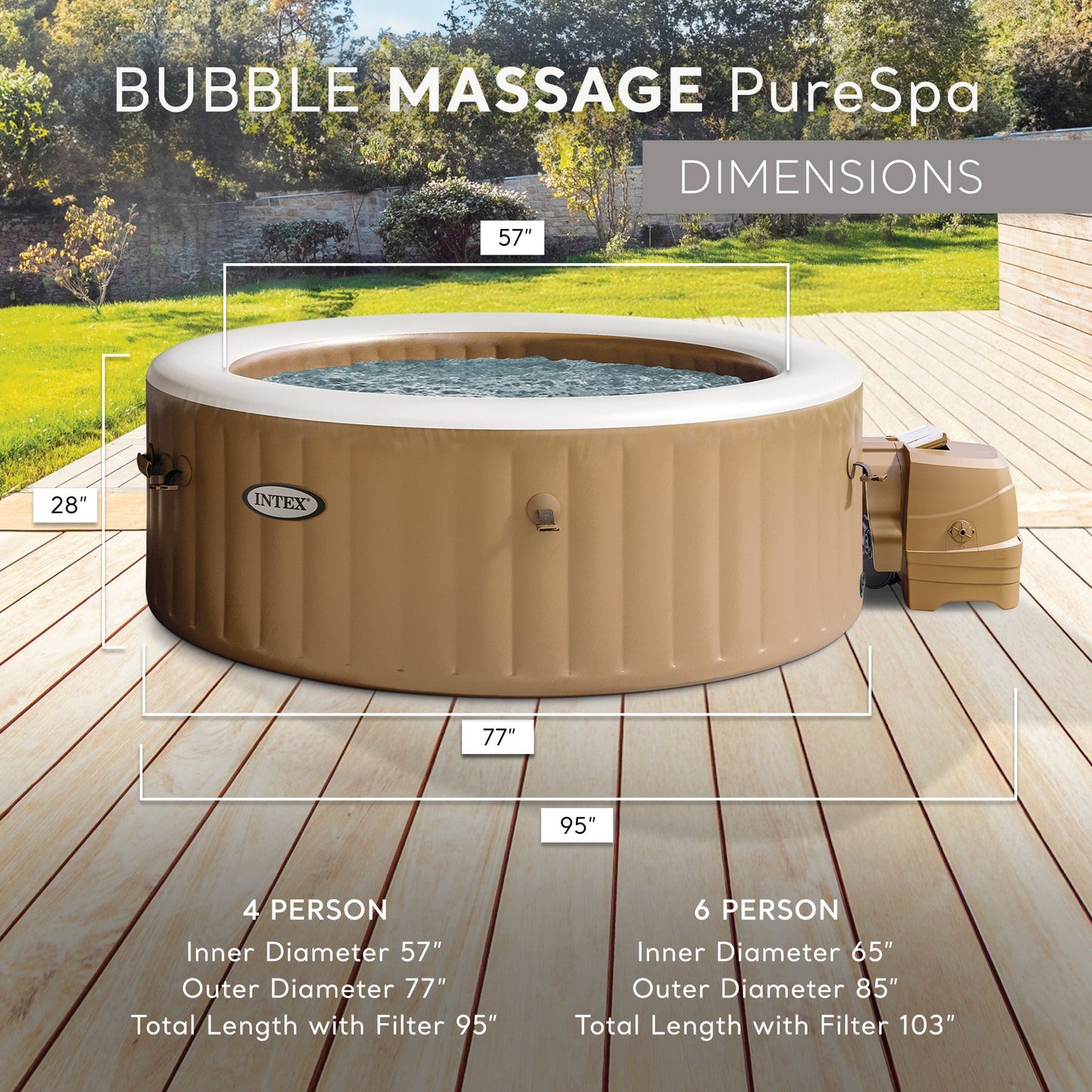 Intex PureSpa 4 Person Bubble Massage Inflatable Hot Tub Spa Set, Sahara Tan