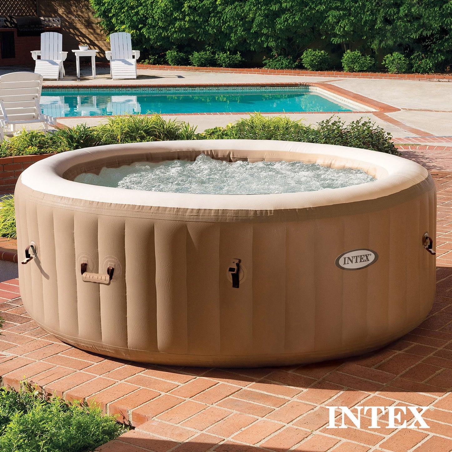 Intex PureSpa 4 Person Bubble Massage Inflatable Hot Tub Spa Set, Sahara Tan