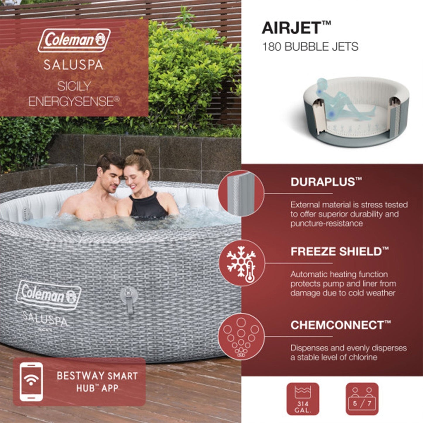Bestway Coleman Sicily AirJet Inflatable Round Hot Tub with 2 SaluSpa Seat, Gray