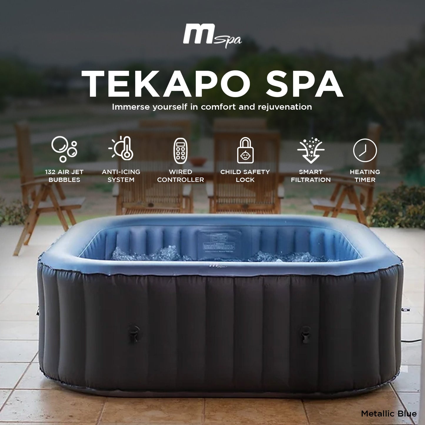MSpa Square Inflatable Bubble Massage Spa, 4 to 6 Person Outdoor Hot Tub, Tekapo