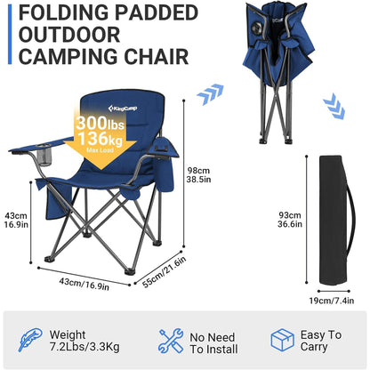 KingCamp Padded Oversized Folding Chair with Cupholder, Cooler, and Pocket, Blue