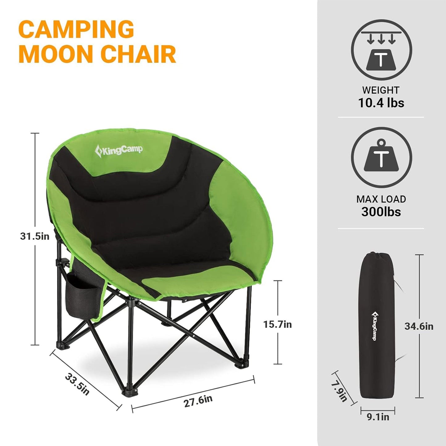 KingCamp Foldable Saucer Camping Lounge Chair w/ Cupholder Storage, Black/Green