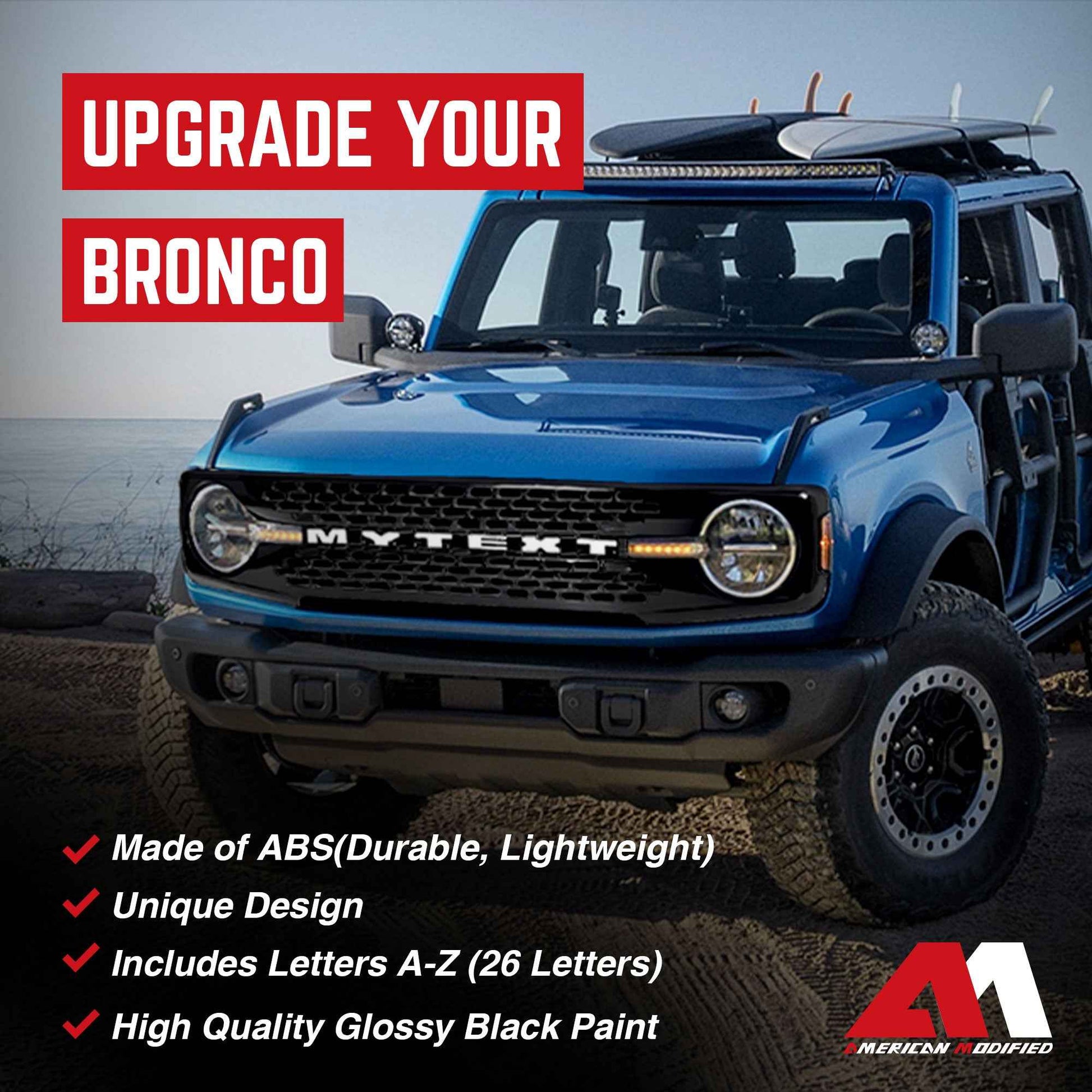 AMERICAN MODIFIED Armor Grille w/DIY Letters for 21-23 Ford Bronco, Glossy Black