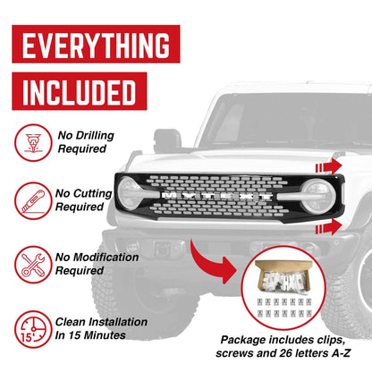 AMERICAN MODIFIED Armor Grille w/DIY Letters for 21-23 Ford Bronco, Glossy Black