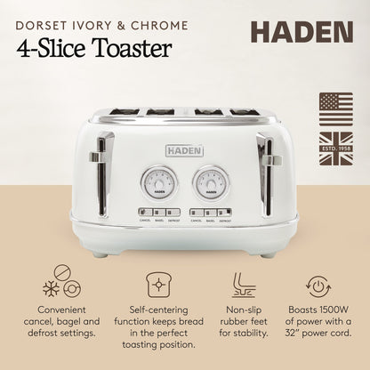 Haden Dorset 4 Slice Wide Slot Stainless Steel Toaster, Ivory & Chrome