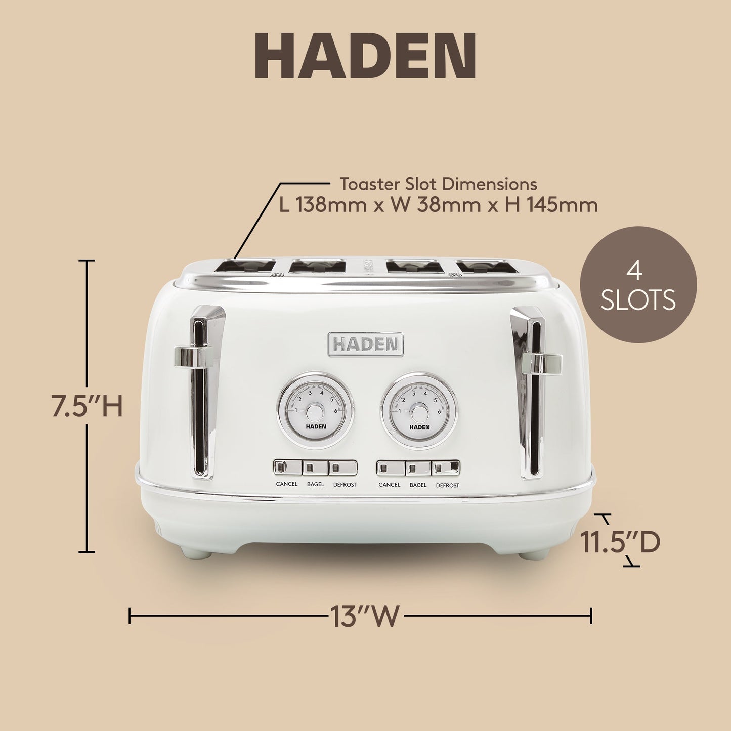 Haden Dorset 4 Slice Wide Slot Stainless Steel Toaster, Ivory & Chrome