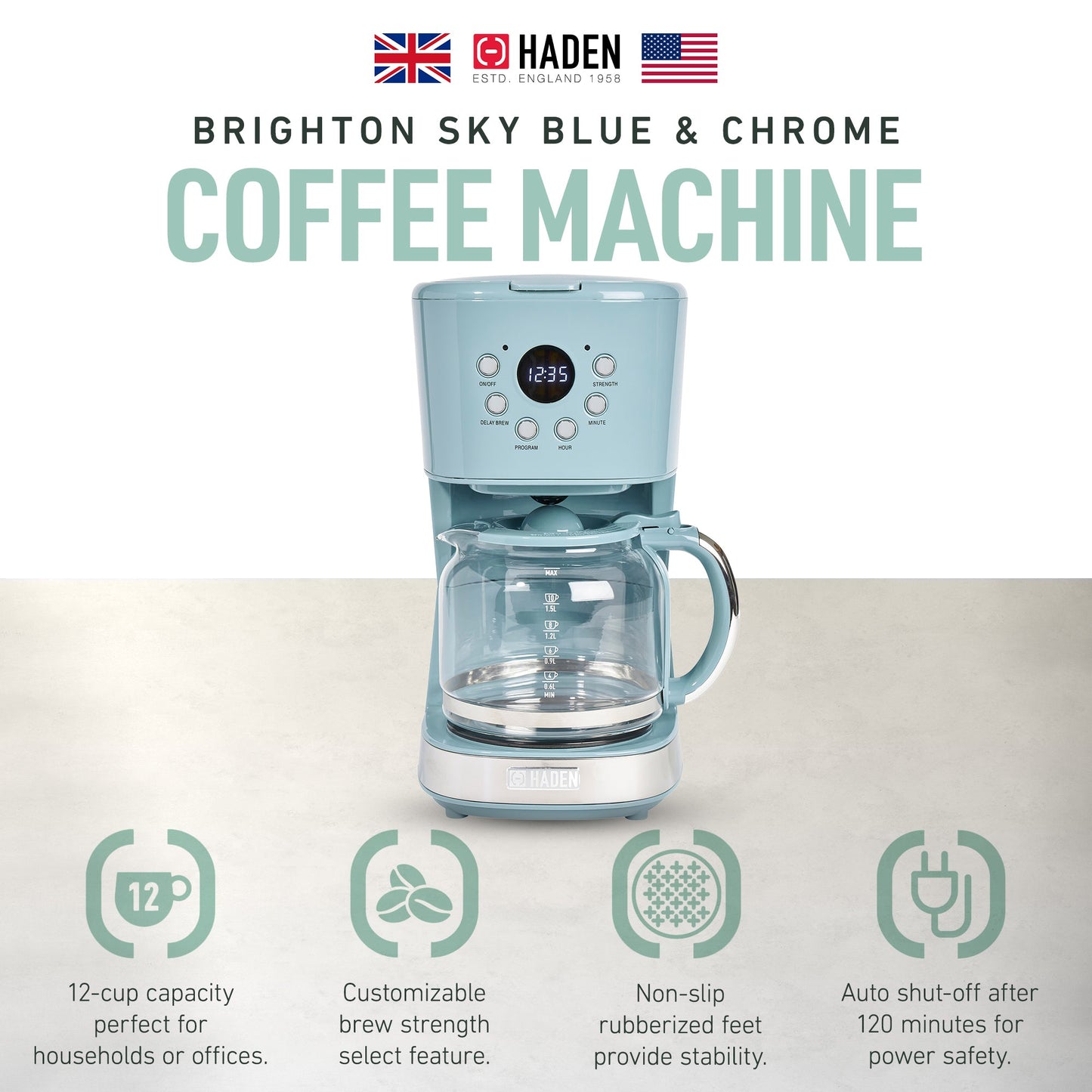 Haden Brighton 12 Cup Programmable Coffee Maker, Sky Blue & Chrome