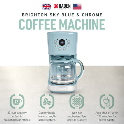 Haden Brighton 12 Cup Programmable Coffee Maker, Sky Blue & Chrome