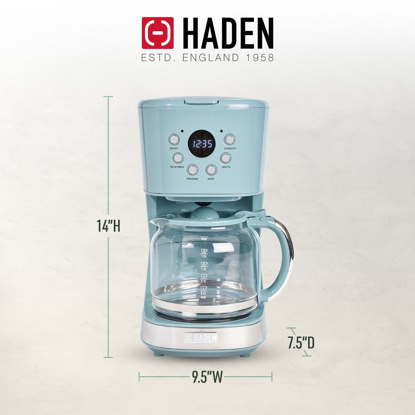 Haden Brighton 12 Cup Programmable Coffee Maker, Sky Blue & Chrome