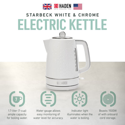 Haden Starbeck 1.7 Liter Stainless Steel Electric Water Kettle, White & Chrome