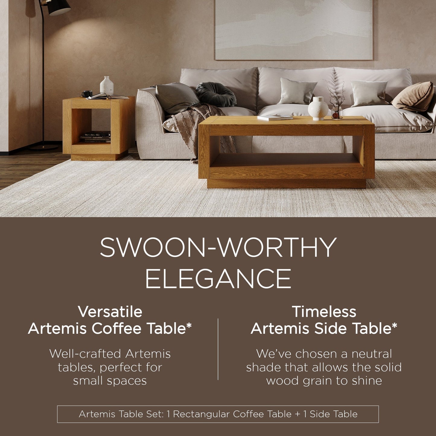 Maven Lane Artemis Wooden Coffee Table and Side Table Set, Refined Natural Finish