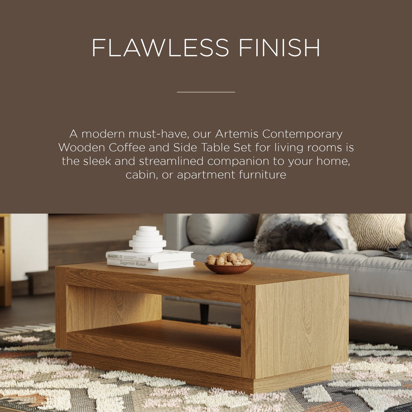 Maven Lane Artemis Wooden Coffee Table and Side Table Set, Refined Natural Finish