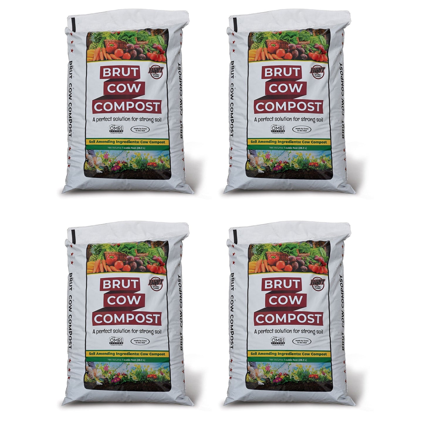 Brut Organic 1 Cu Ft Pure Nutrient Rich Garden Enhancer Cow Compost, (4 Pack)