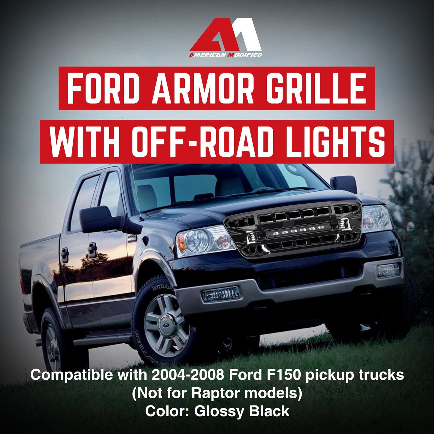 AMERICAN MODIFIED Armor Grille Compatible with 2004-08 Ford F150, Glossy Black - Find Fresh Goods