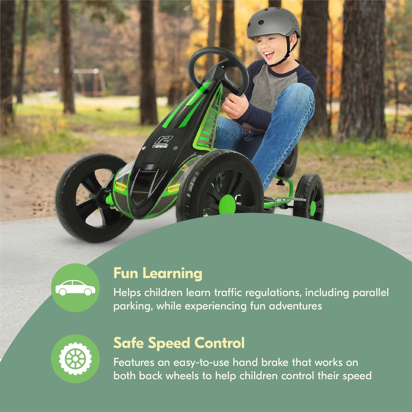 hauck Cyclone Junior Racing Go Kart, 12” Rims and Race Style Pedals, Lime Green