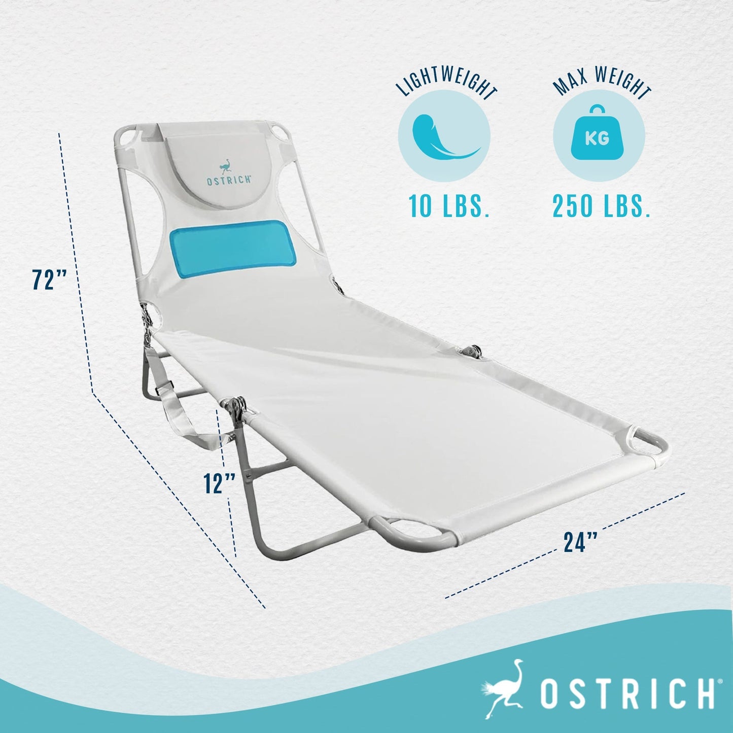 Ostrich Ladies Comfort Lounger, Foldable Beach Camping Pool Tanning Chair, White