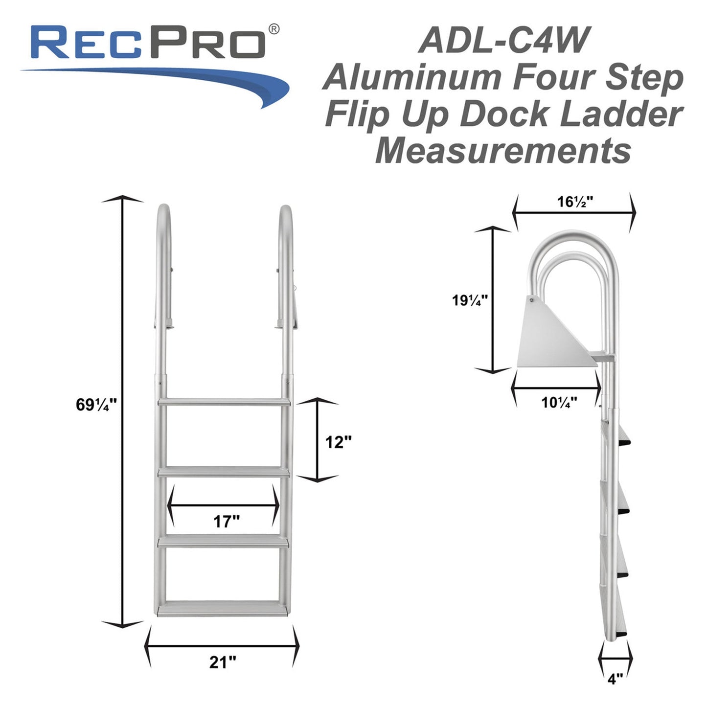 RecPro 4 Step Aluminum Marine Grade Dock Pier Attachment Flip Up Ladder, Silver - Find Fresh Goods