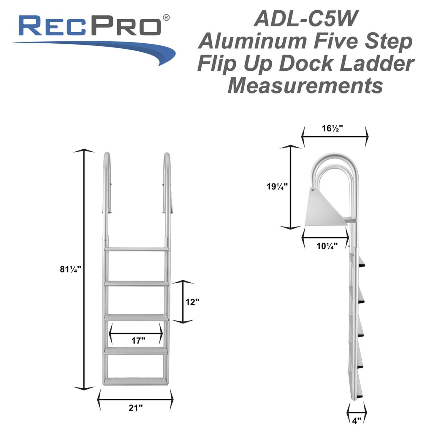 RecPro 5 Step Aluminum Marine Grade Dock Pier Attachment Flip Up Ladder, Silver - Find Fresh Goods