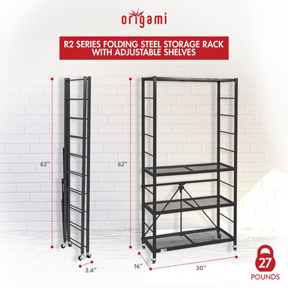 Origami R2 Series Folding Steel Storage Rack with Adjustable Shelves, Black
