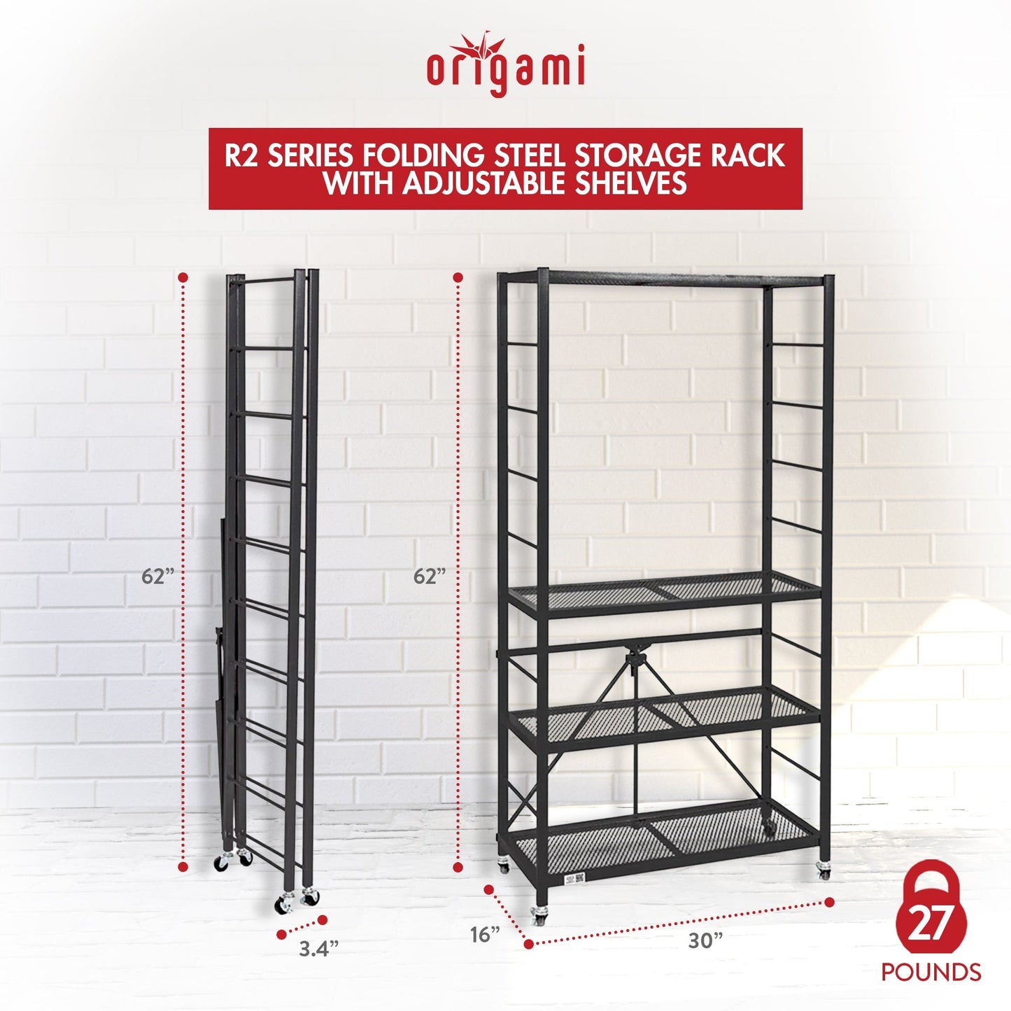 Origami 3 Pack Folding Steel Storage Rack, Adjustable Shelves, R2 Series, Black