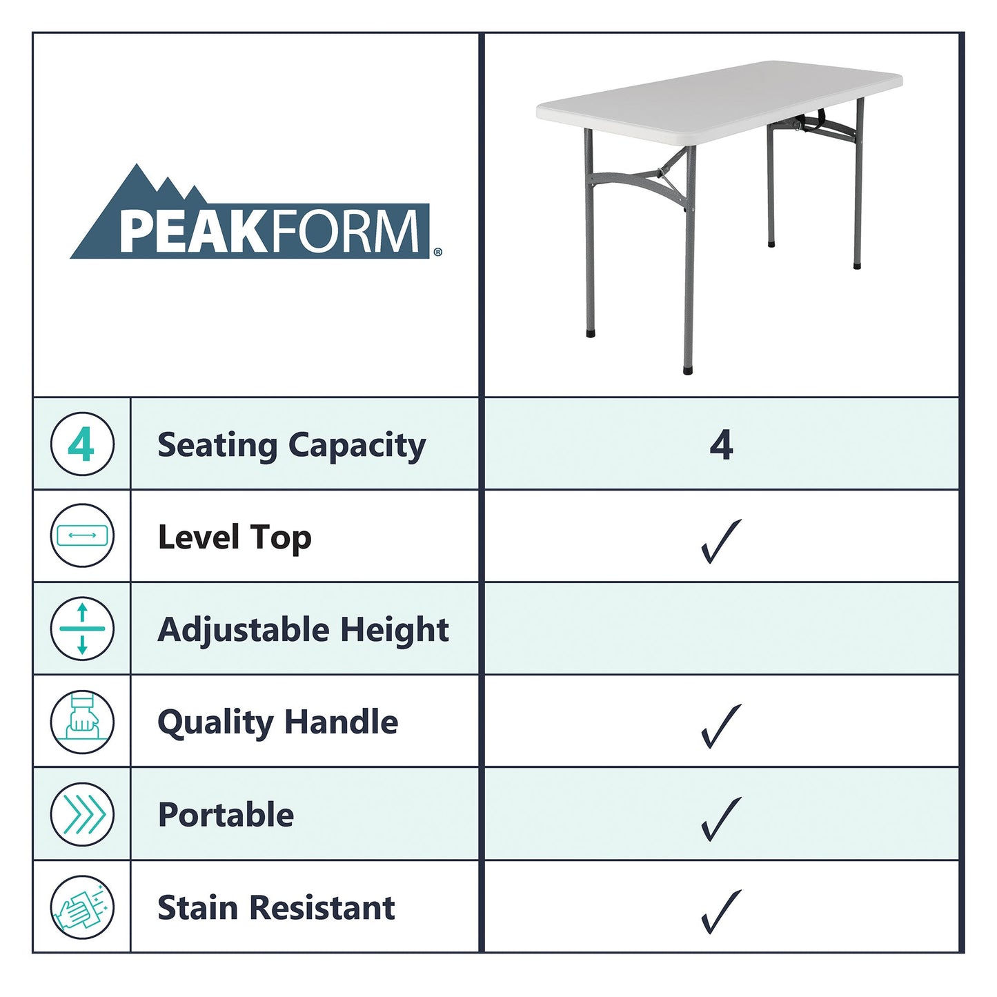 Peakform Compact Indoor or Outdoor Folding Banquet Table, 4 Foot, White