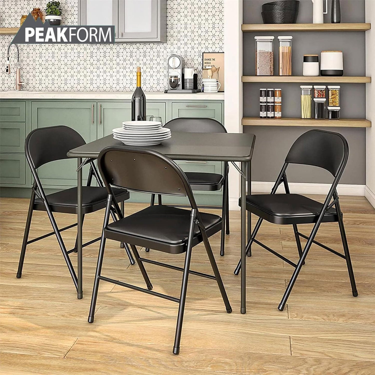 Peakform Folding Vinyl Padded Chair with Comfortable Seat Cushion, 4 Pack, Black