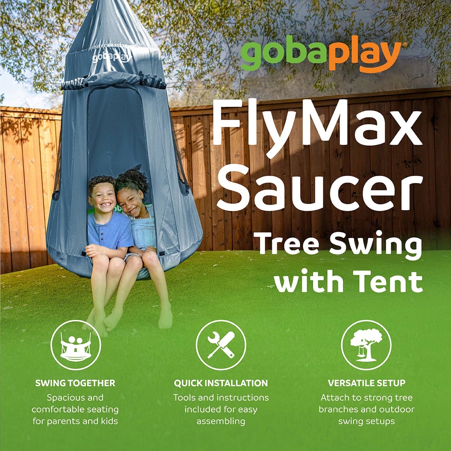 gobaplay Round Platform Saucer Tree Swing, Green with Hanging Tent Cover, Grey