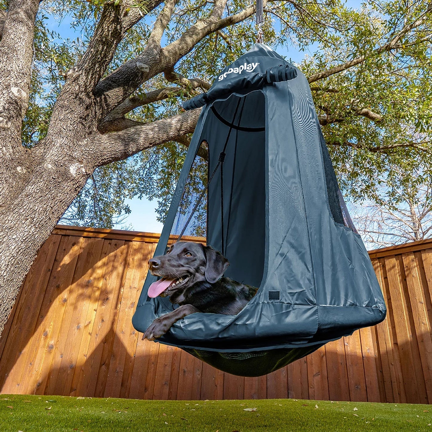 gobaplay Round Platform Saucer Tree Swing, Green with Hanging Tent Cover, Grey