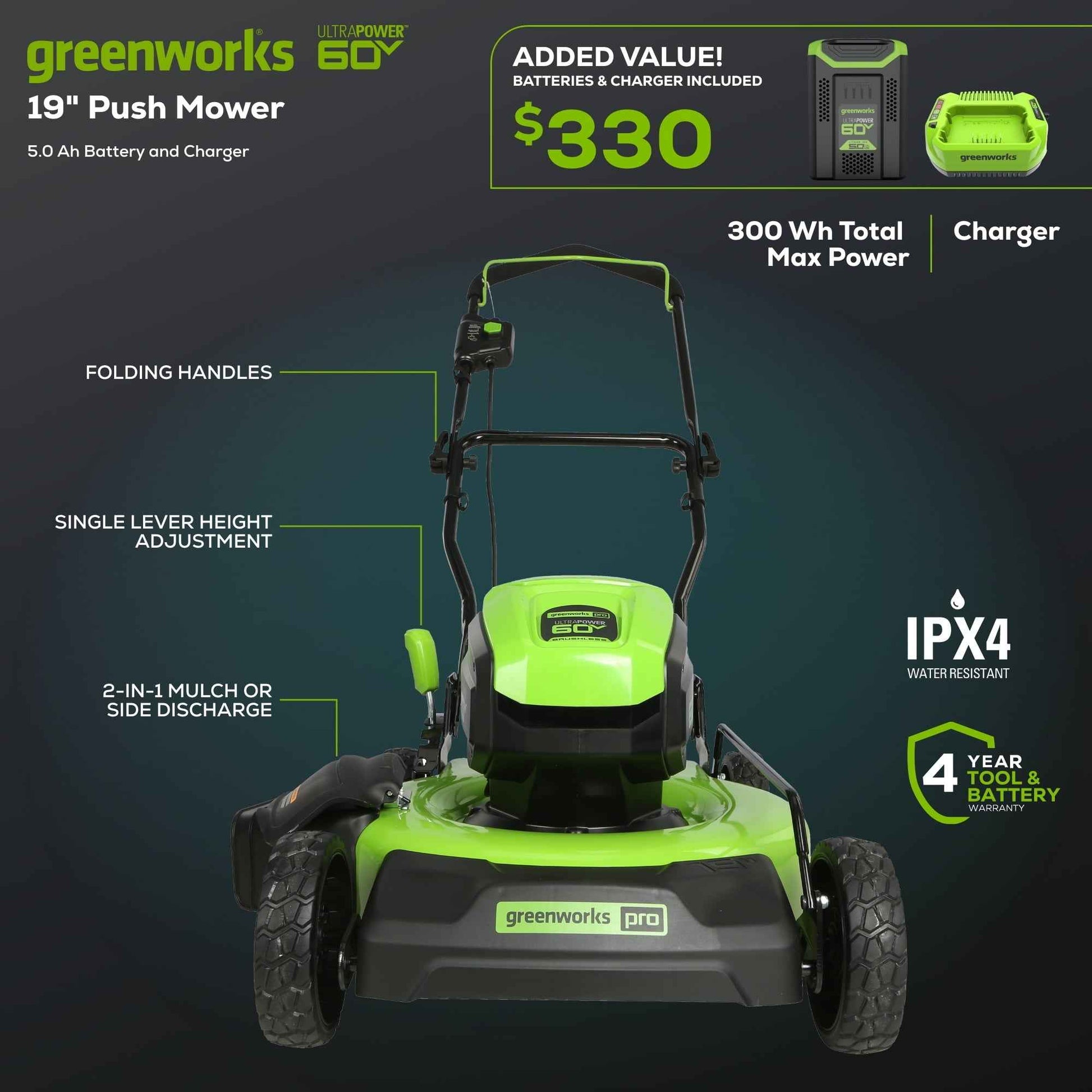 Greenworks 60V 19" Cordless Battery Push Lawn Mower with 5.0Ah Battery & Charger 2531802