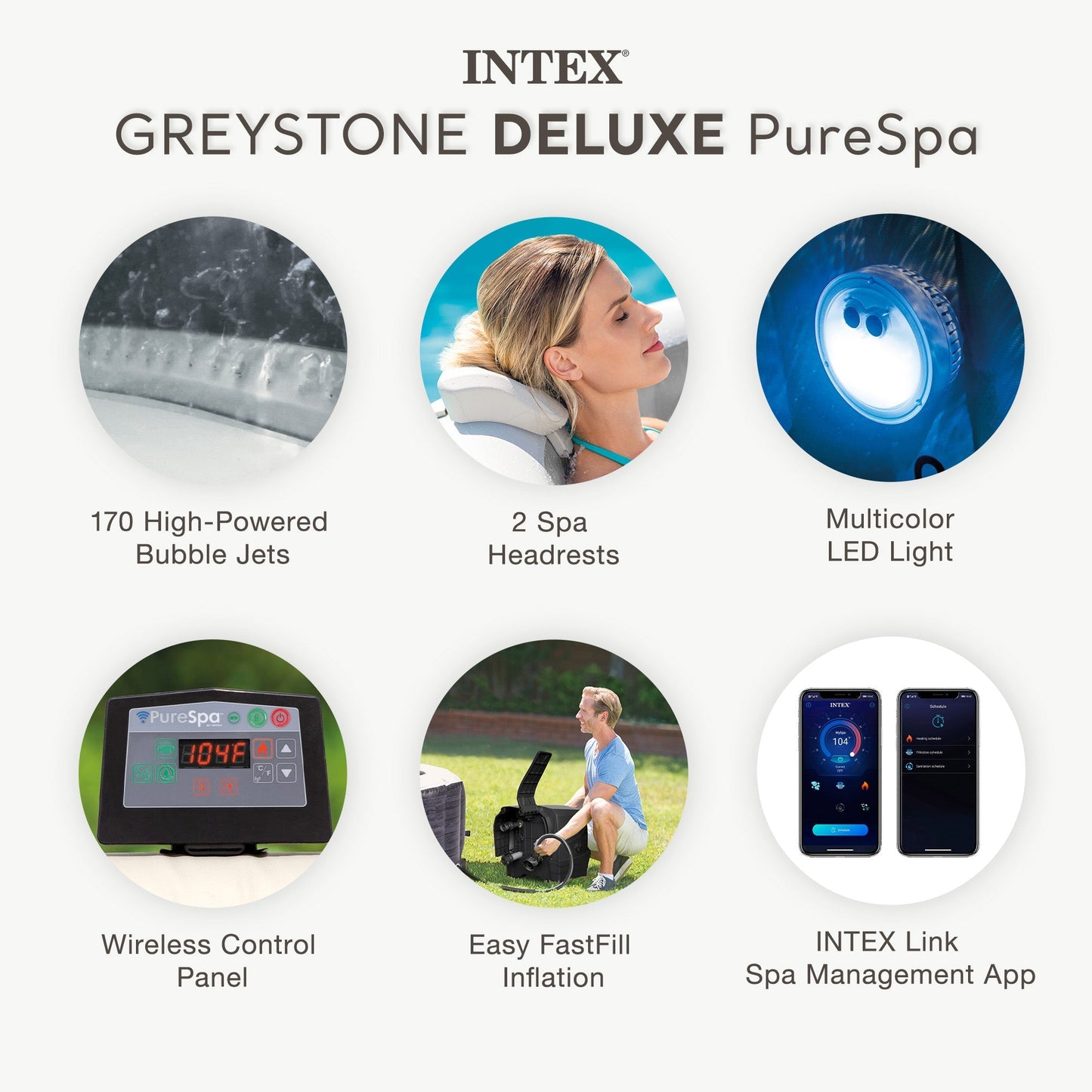 Intex PureSpa Greystone Deluxe Spa Set, 170 Bubble Jet Hot Tub with Cover, 77"x28"