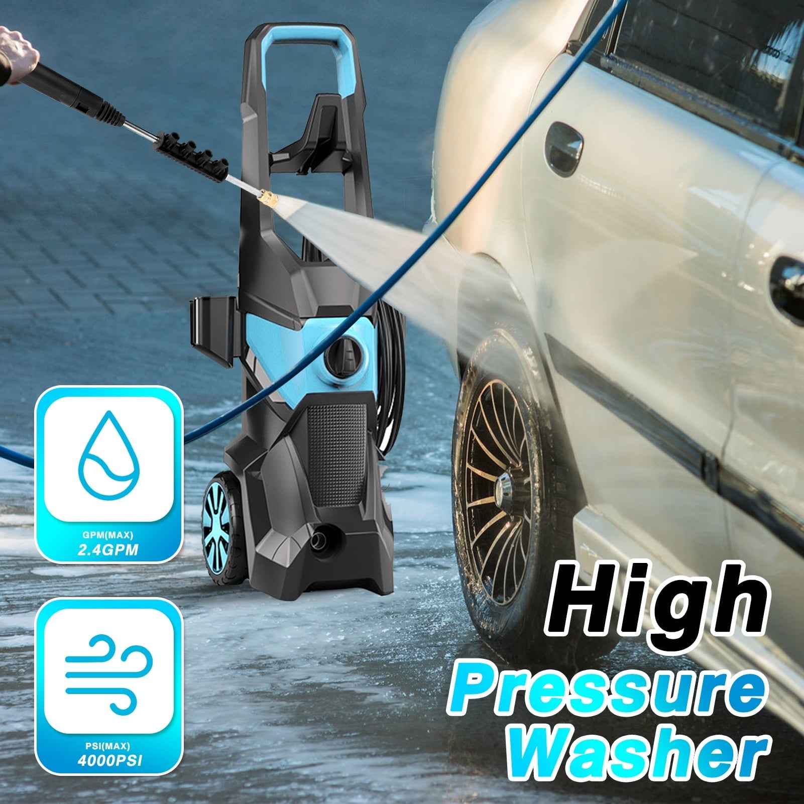 TEBRU Electric Pressure Washer, 3000PSI Max 2.4 GPM Power Washer with 32 ft Hose, 4 Quick Connect Nozzles, Foam Cannon, Suitable for Clean Cars, Patios, Driveways, Fences, Pool