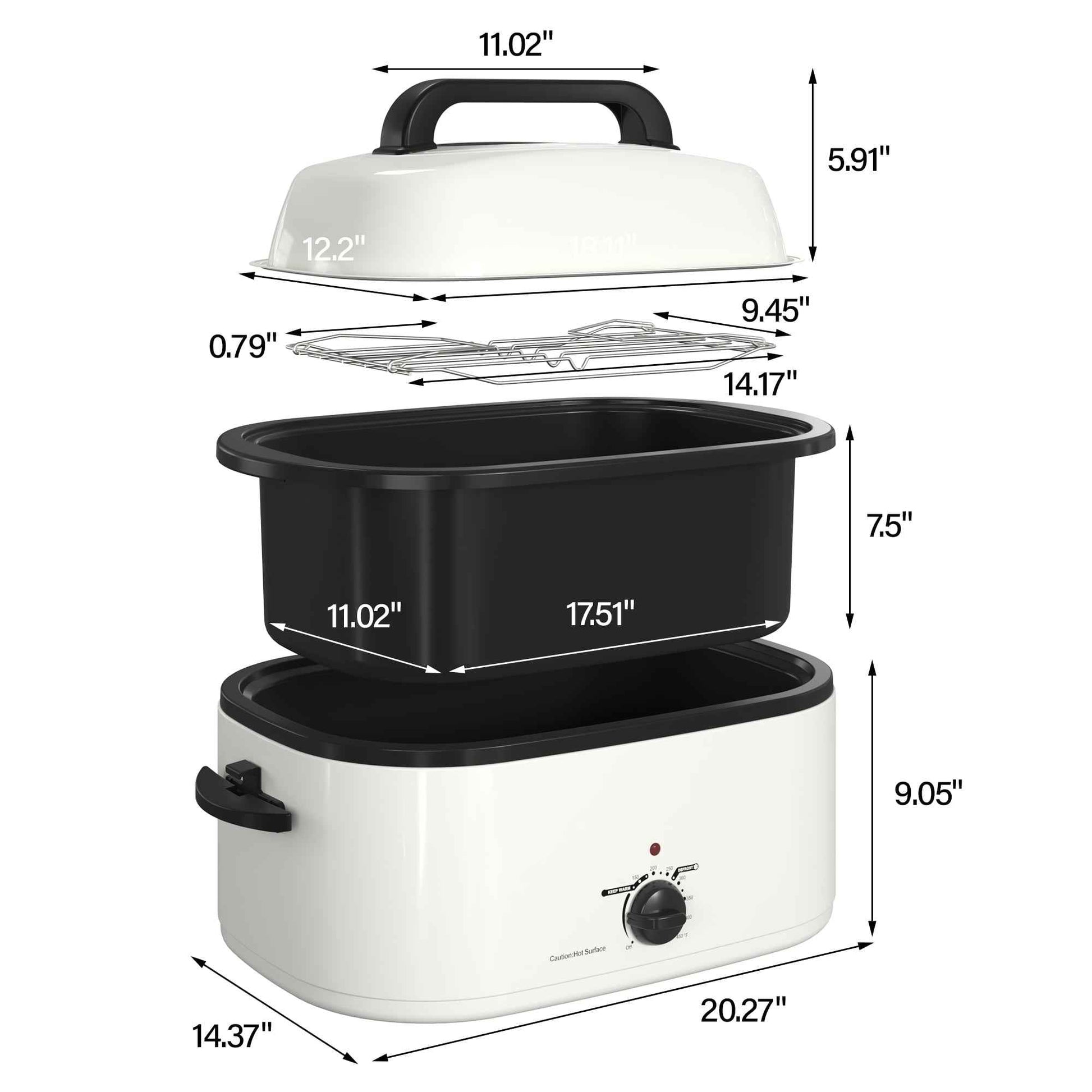 RoyalCraft 22 Quart Electric Turkey Roaster Oven with Visible Glass Lid, with Removable Pan & Rack, Stainless Steel, White