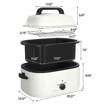 RoyalCraft 22 Quart Electric Turkey Roaster Oven with Visible Glass Lid, with Removable Pan & Rack, Stainless Steel, White
