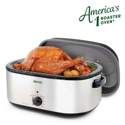 Aroma® 22Qt. Electric Roaster Oven with High Dome Lid, 8X Bonded Granite Enamel, New-Silver