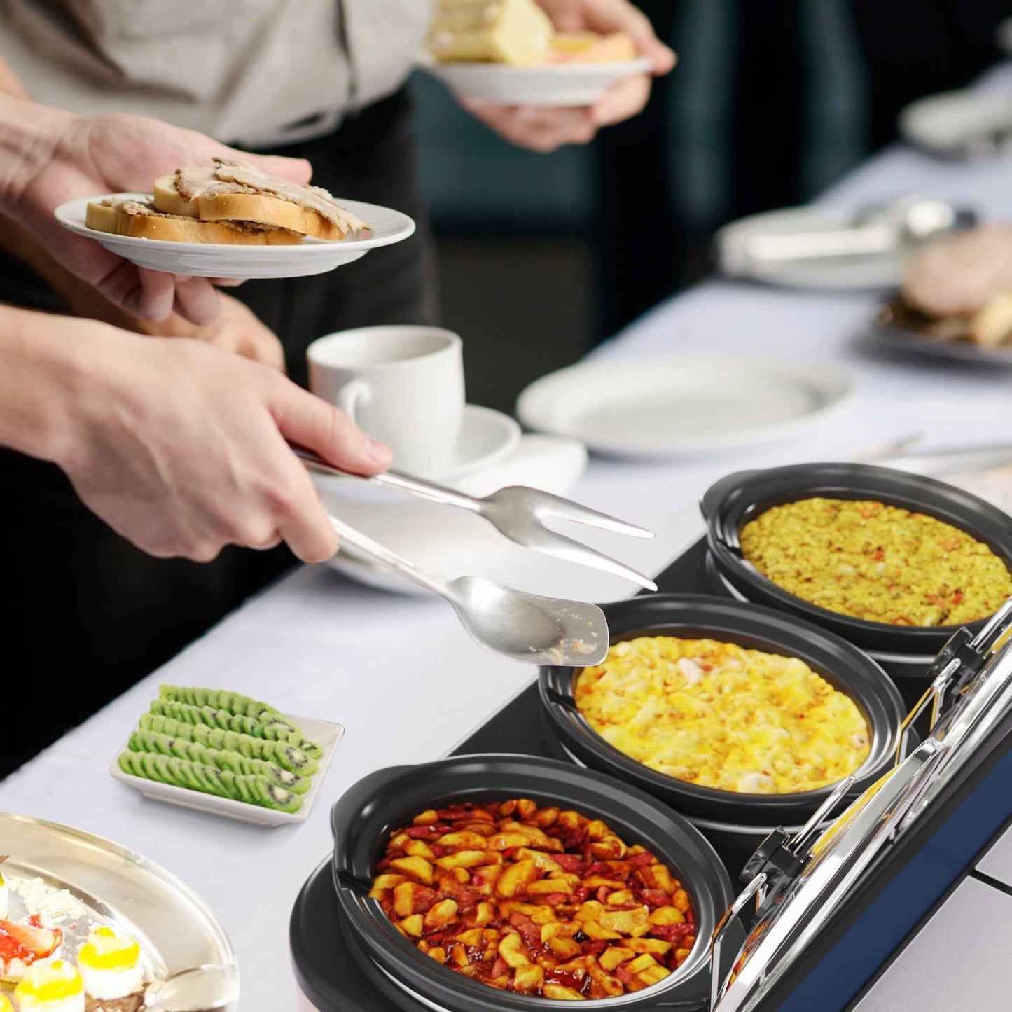 Sunvivi Triple Slow Cooker Food Warmer, 3 Removable Ceramic Pots (2.5 QT Each), Adjustable Temp & Stainless Steel Lids, Blue