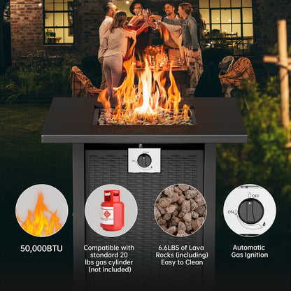 KingChii 28 inch Propane Fire Pit with Lid and Lava Rock, 50,000 BTU Steel Gas Fire Pit Table for Outdoor, Garden, Patio and Backyard, Black