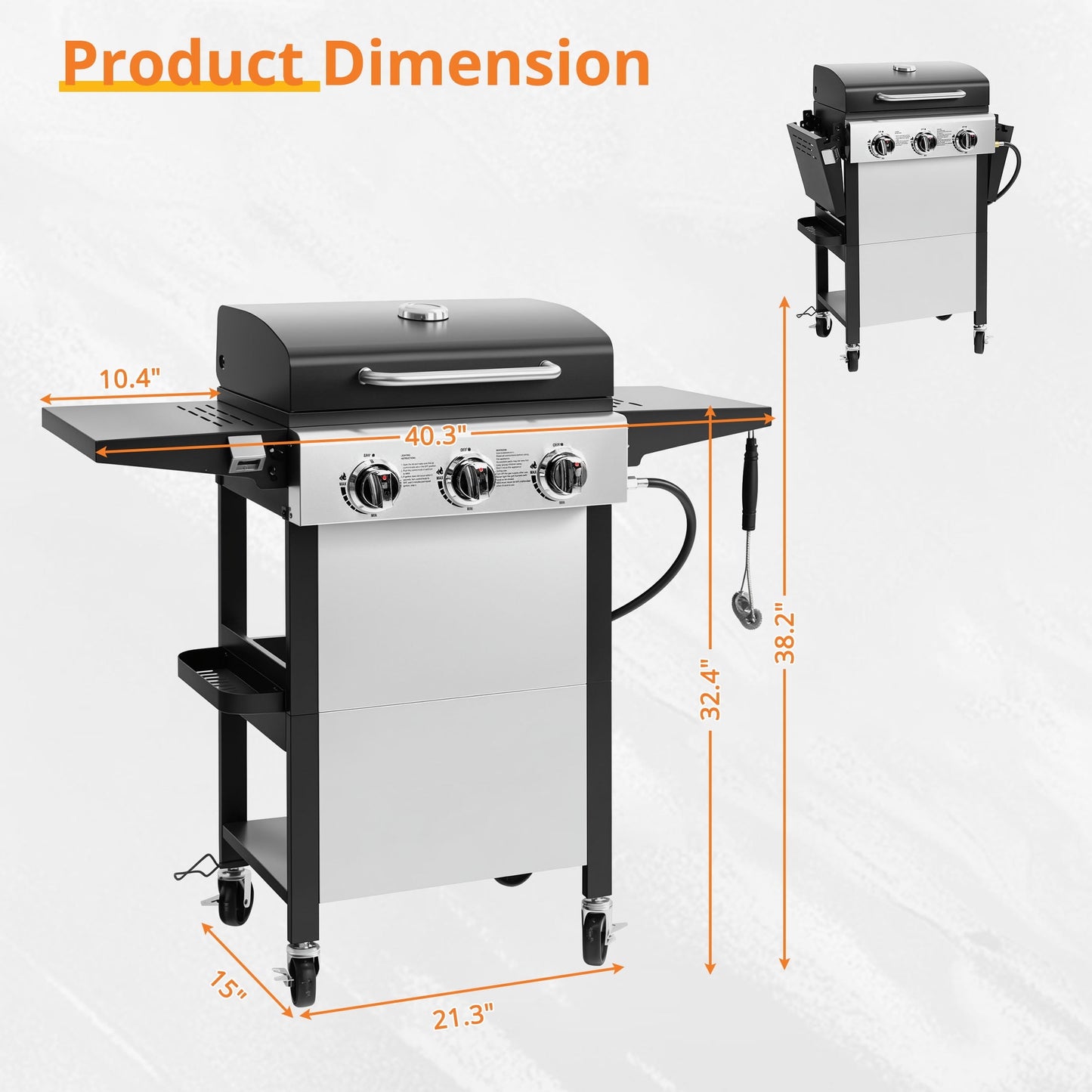 Enyopro 3-Burner Propane Gas Grill, 30000 BTU BBQ Grill with Foldable Side Table, Stainless Steel Warming Rack, Hooks, and Built-In Bottle Opener for Outdoor Barbecue