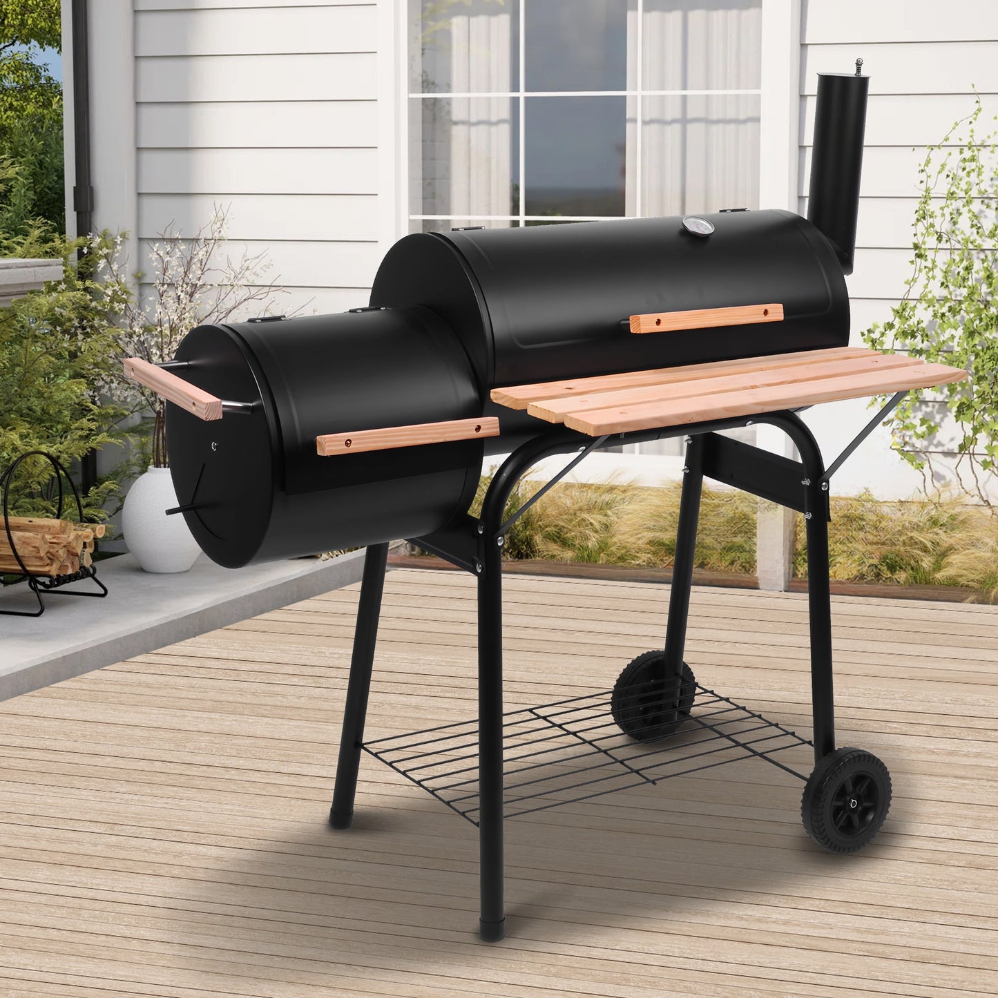 Seizeen Charcoal Grill w/Smoker, Outdoor BBQ Grill with Side Table, Portable Offset Smoker W/2-Zone Area