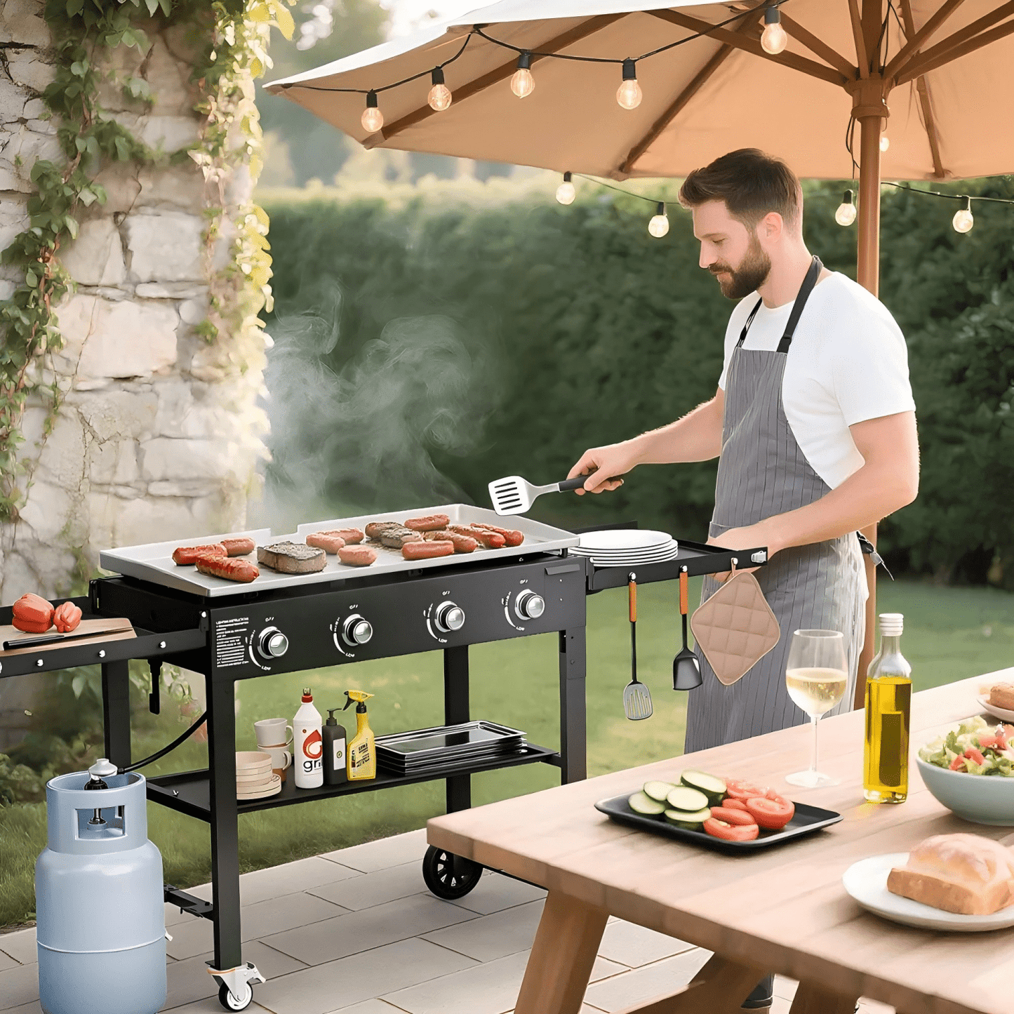 SUGIFT 36" 4-Burner Propane Gas Griddle, 60,000 BTU Flat Top Grill with Side Shelf for Outdoor BBQ & Camping