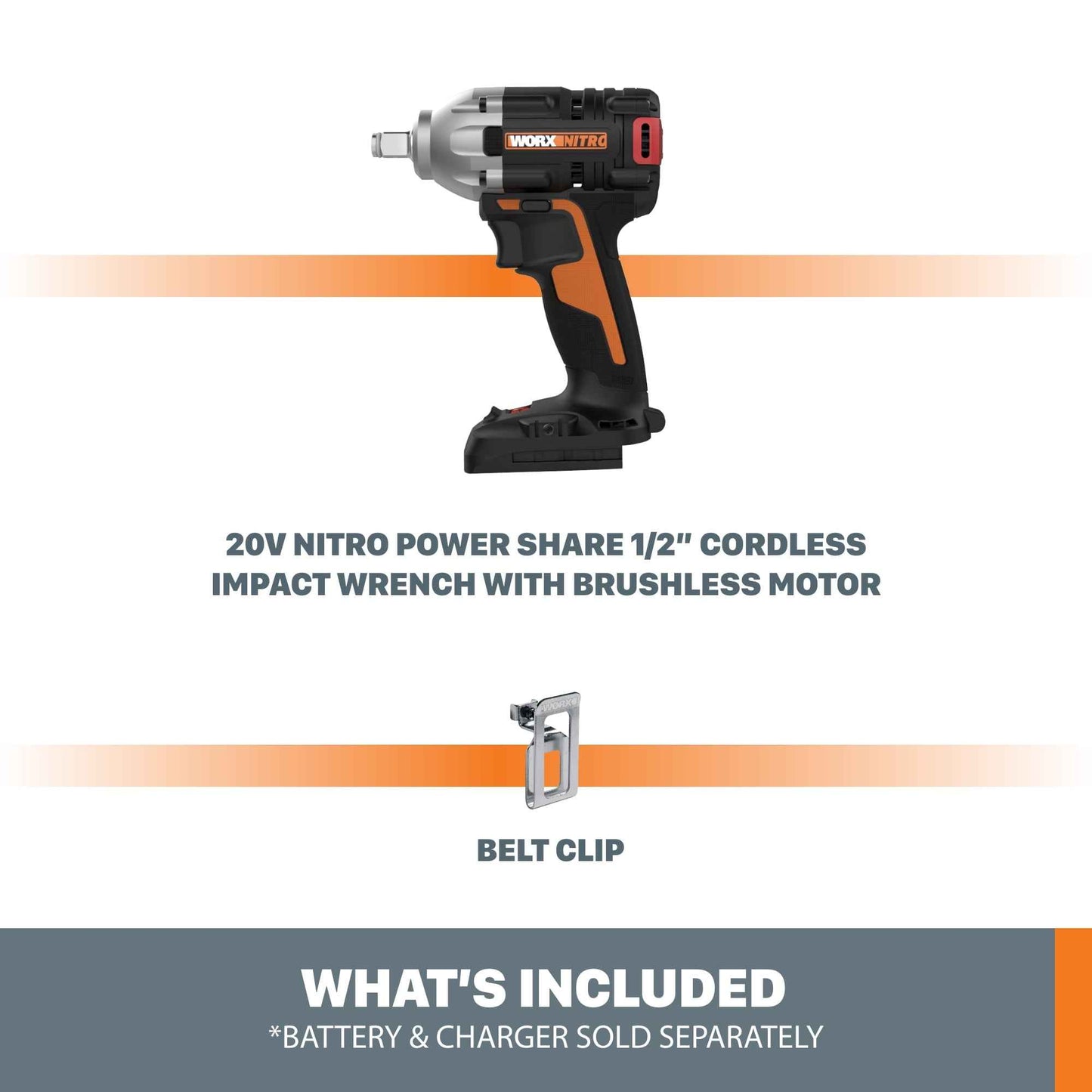 Worx Nitro WX272L.9 20V Power Share 1/2" Cordless Impact Wrench with Brushless Motor (Tool Only) Battery and Charger Not Included