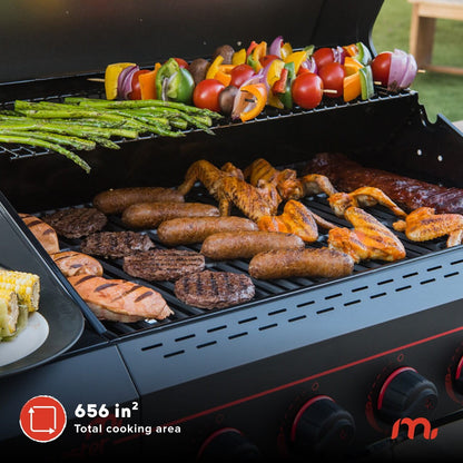 Megamaster 5-Burner Propane Gas Grill with Side Tables, Accessory Hooks, 50,000 BTUs, 656 SQ. In. Cooking Space, 2 Wheel Transport, Outdoor Kitchen Grill for BBQs, Backyards, and More - 720-0982