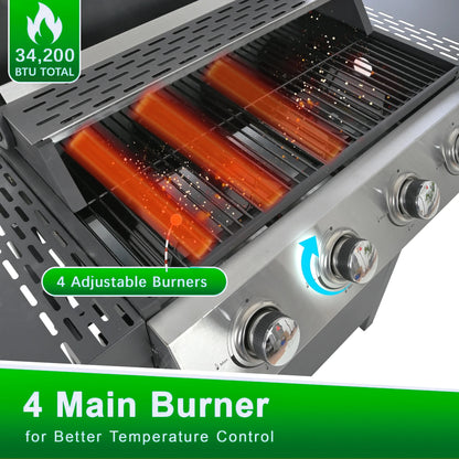 Seizeen 4 Burner Propane Gas Grill, Powerful 34,200BTU Outdoor BBQ Grill on Wheels, Stainless Steel Grill with Thermometer Foldable Table Storage Box, for RV Party Camping Patio