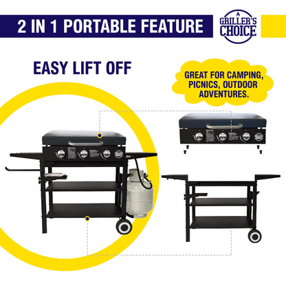 Griller's Choice Propane Gas Griddle with Hinged Hood, Wind Guards, Front Grease Management, 4 Shelves