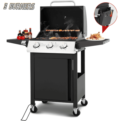 30000 BTU Gas Grill with 4 Universal Wheels, 3 Burners Outdoor BBQ Grill with Steel Brush & Thermometer for Outdoor Camping