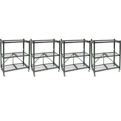 Origami R3 Foldable 3-Tiered Shelf Storage Rack & Wheels, Pewter (4 Pack)