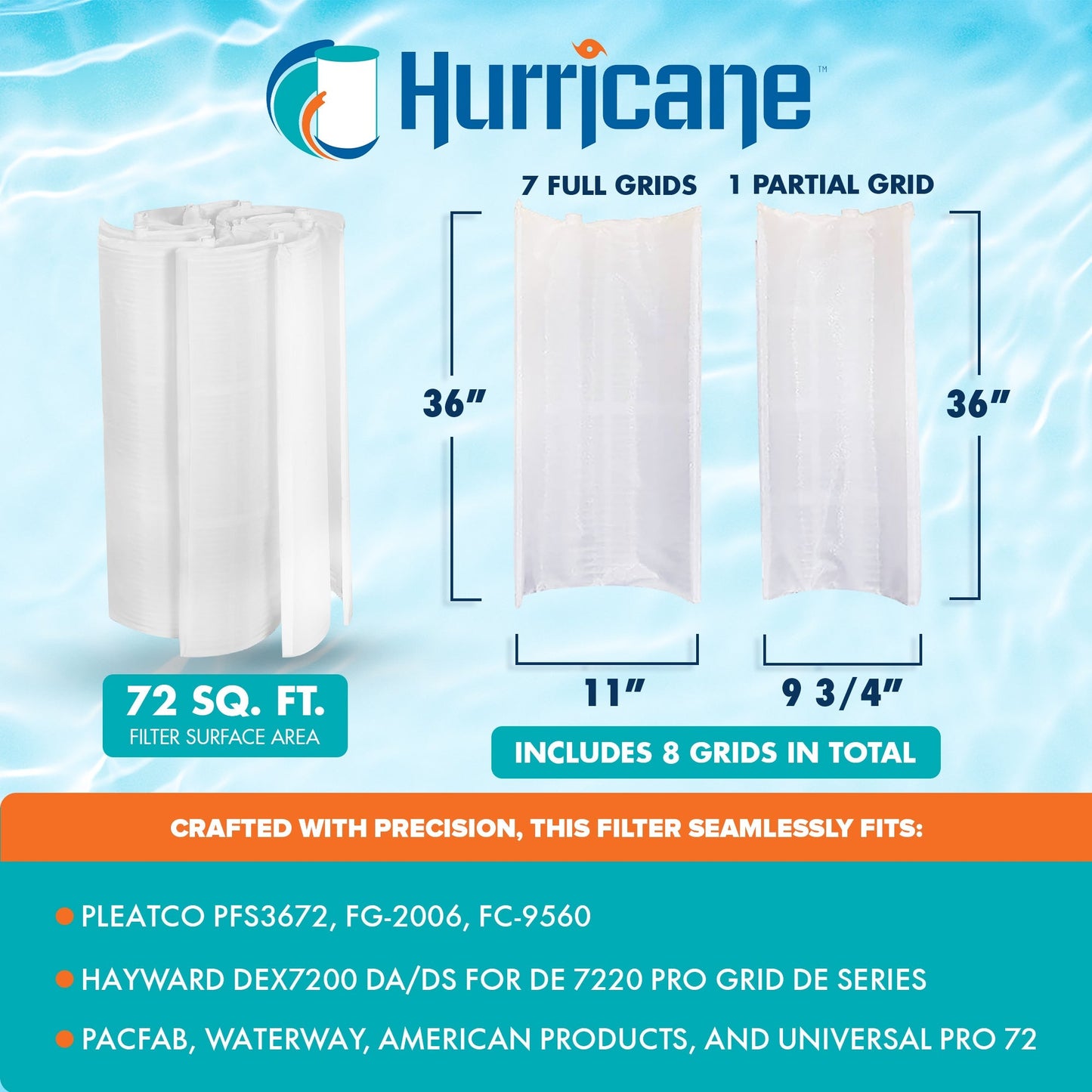 Hurricane 3 Pack HF-DE72-SET 72 sq ft DE Grid Filter Replacement w/ 7 Full Grids