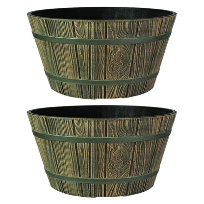 HC Companies 16" Indoor Outdoor Aged Wooden Oak Whiskey Barrel Planter (2 Pack)