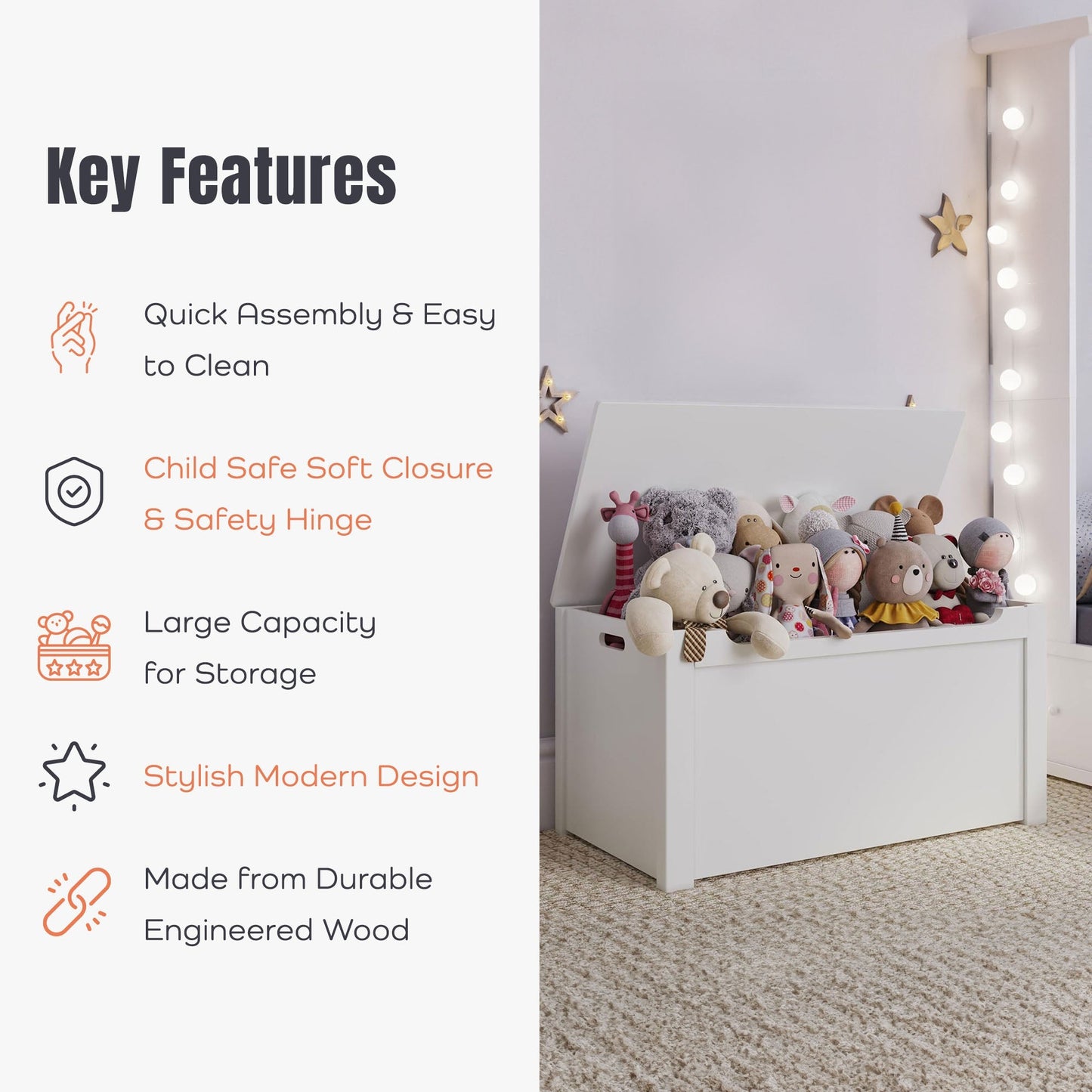 Sturdis Wooden Toy Box Stylish Spacious Storage for Home Organization, White