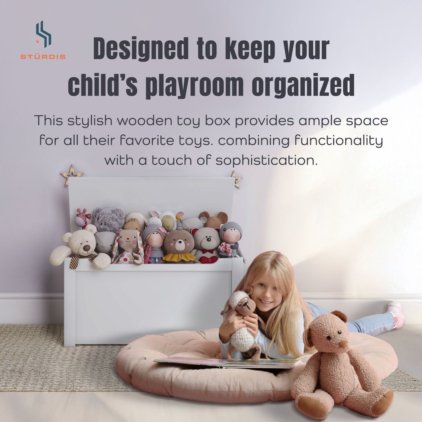 Sturdis Wooden Toy Box Stylish Spacious Storage for Home Organization, White