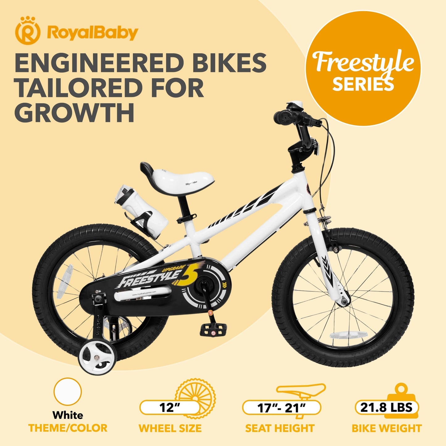 RoyalBaby Freestyle Outdoor Kid's Bicycle with Training Wheels, 12 Inch, White